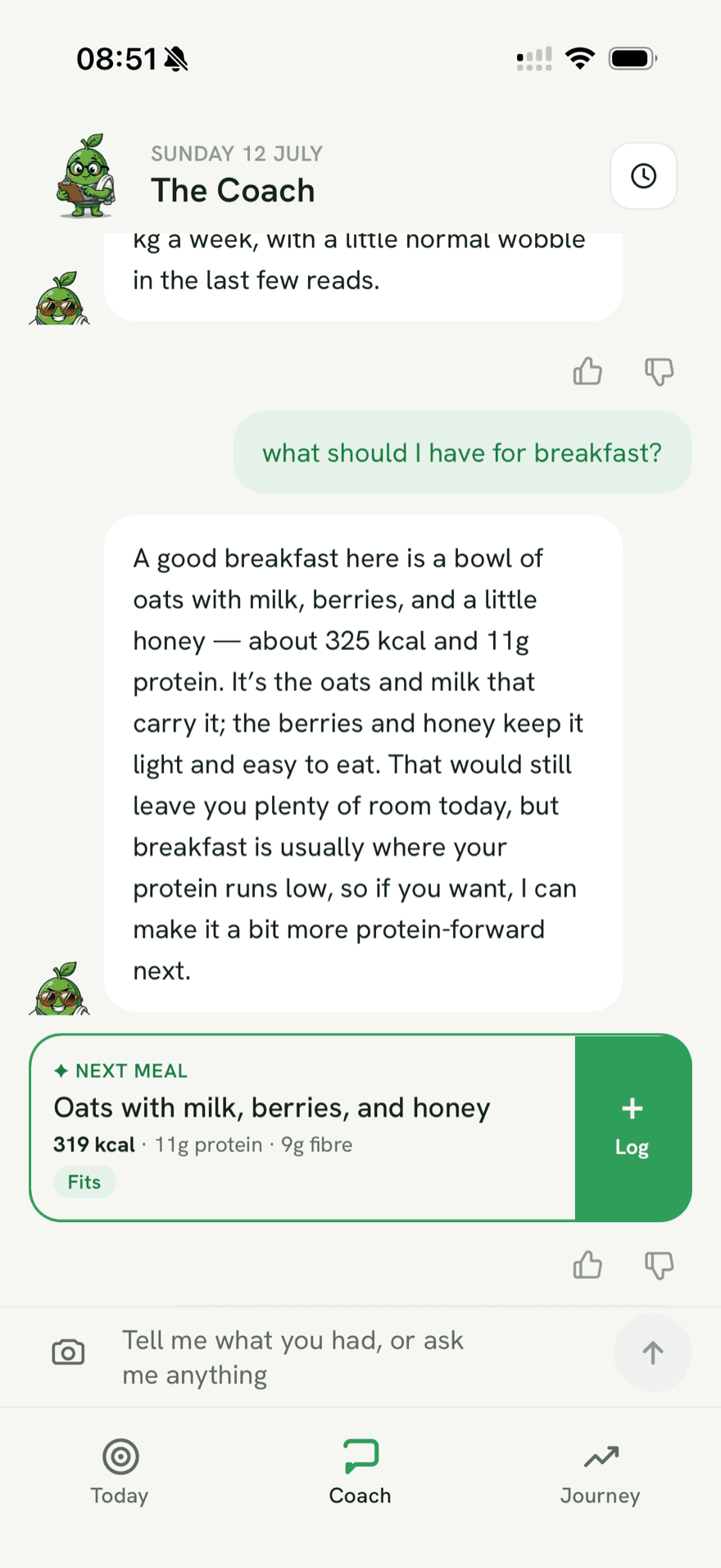 The Coach chat suggesting a breakfast that fits your day