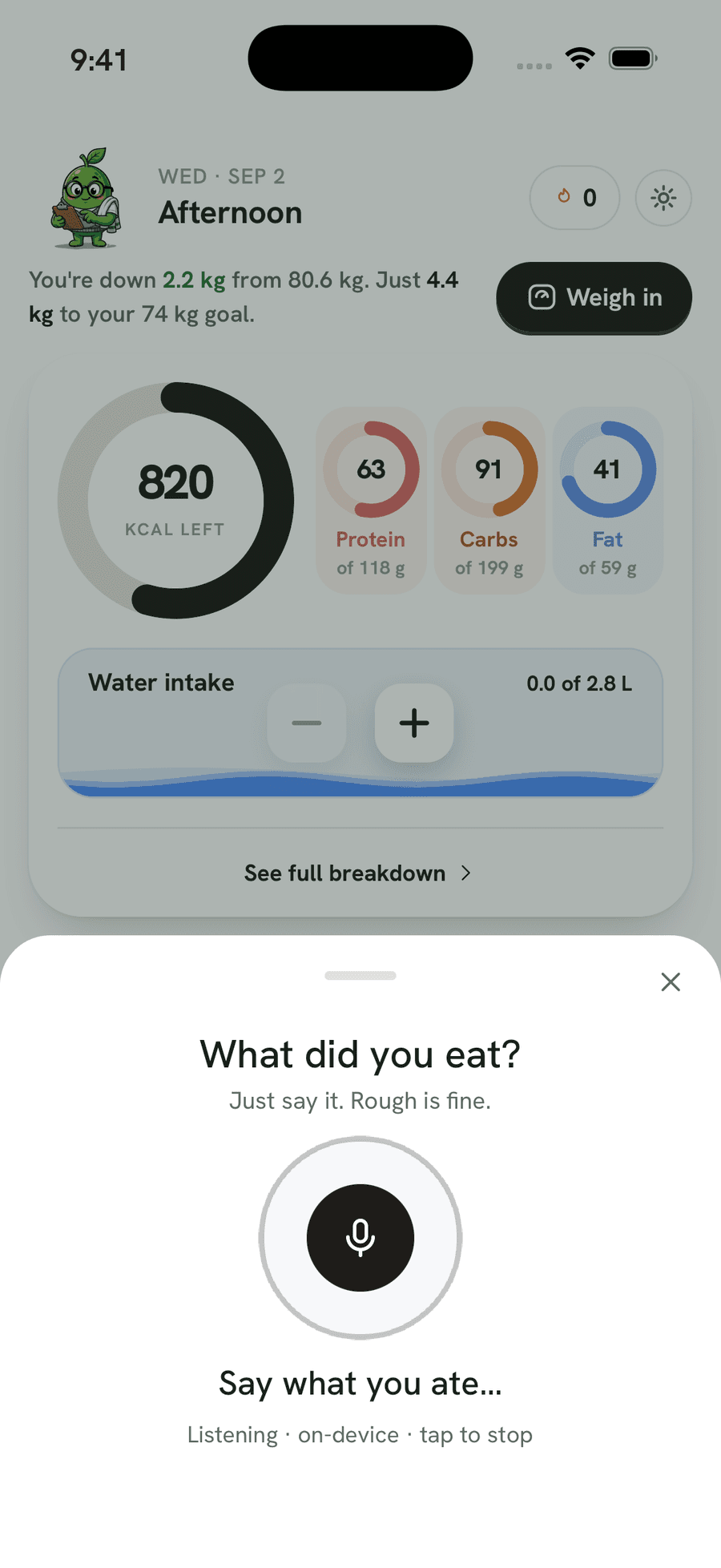 The voice logging sheet, listening and transcribing on device